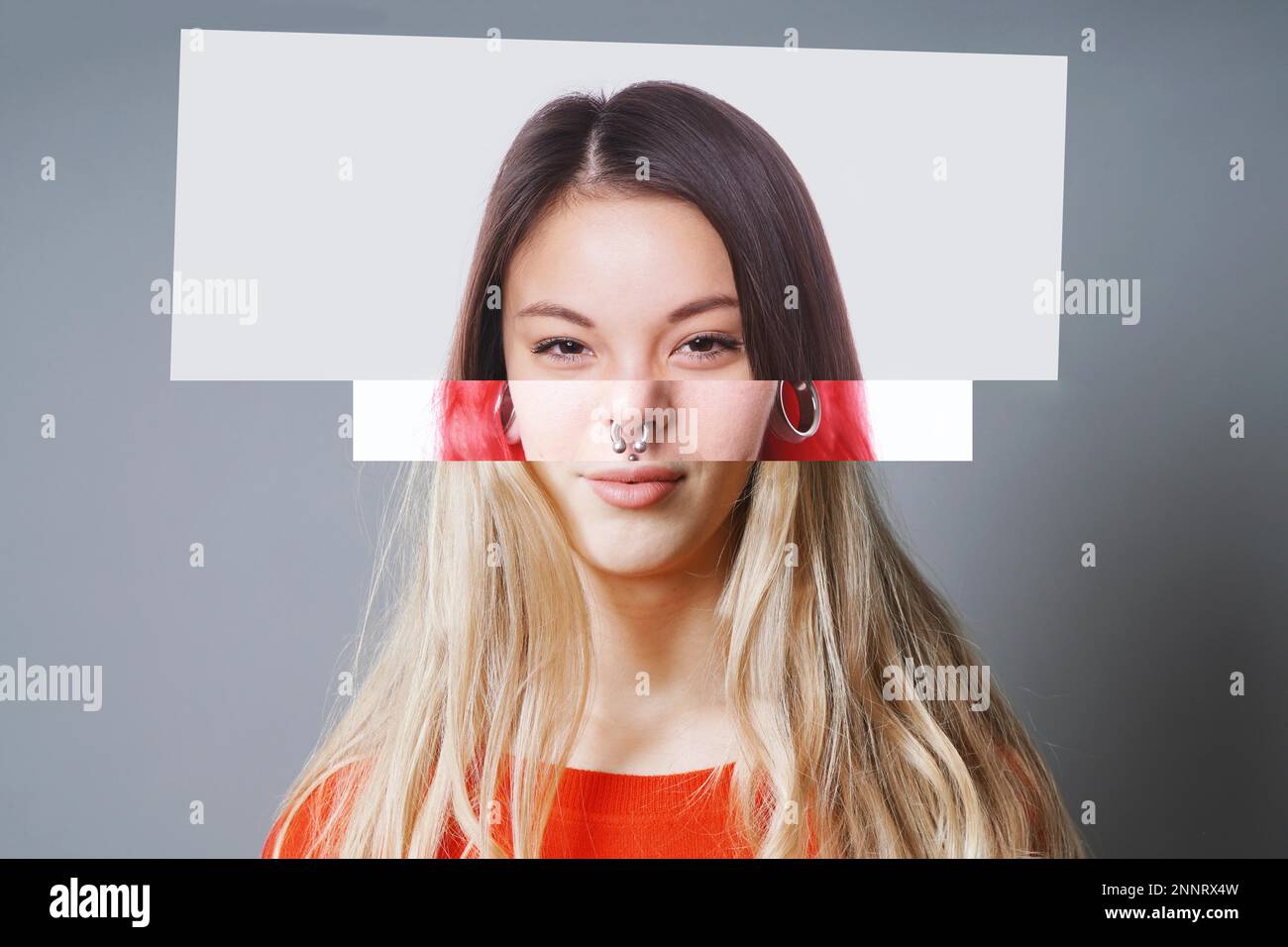 collage digitale di tre diverse giovani donne di origine asiatica ed europea - concetto di diversità Foto Stock