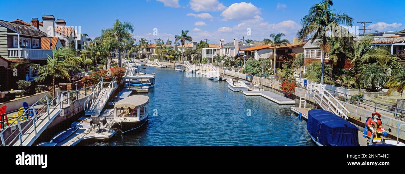 Case e palme lungo il canale con barche, Belmont Shore, Long Beach, California, Stati Uniti Foto Stock