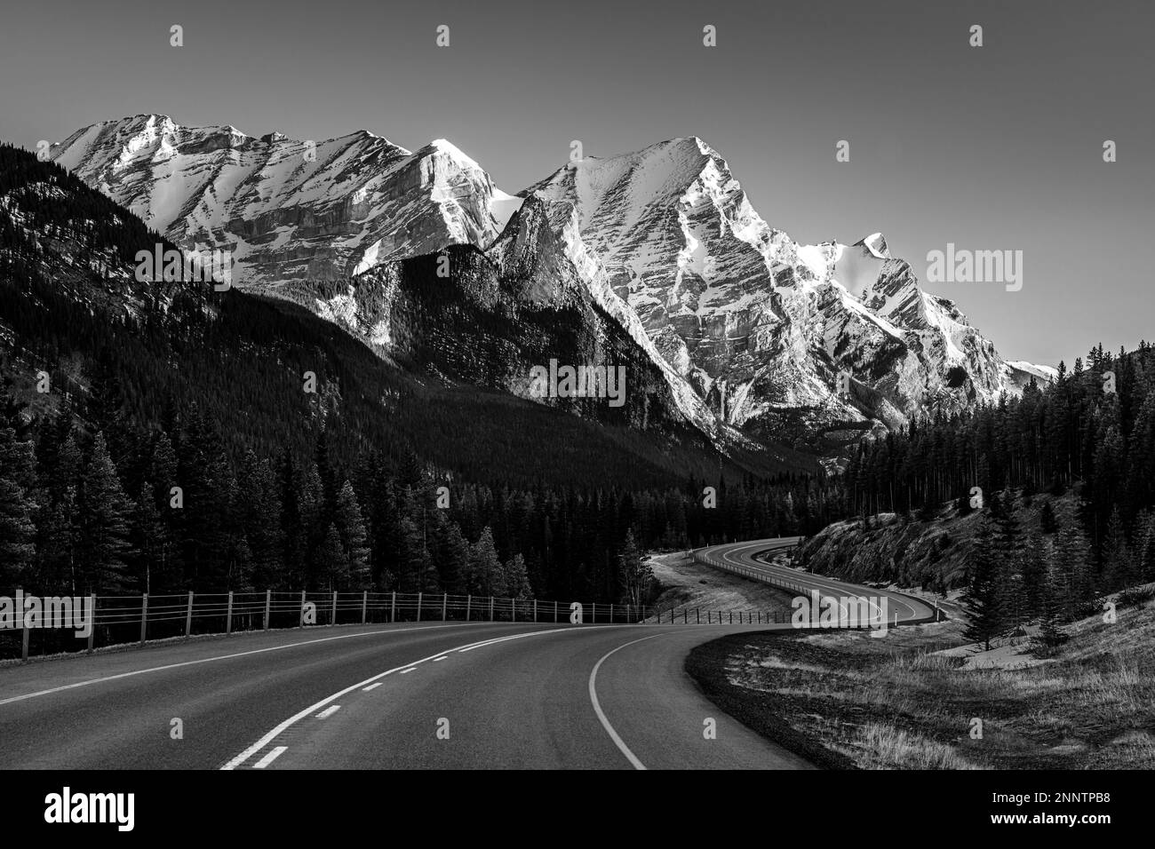 Tortuosa strada di montagna in bianco e nero, autostrada 40, Monte Kidd, Canadian Rockies, Alberta, Canada Foto Stock