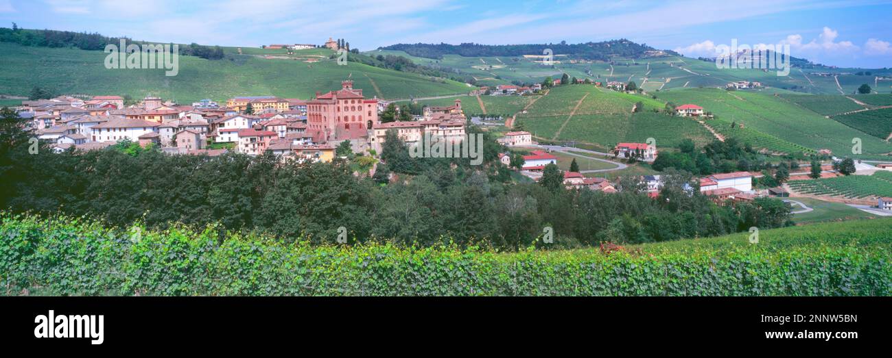 Barolo paese circondato dai vigneti di Nebbiolo, Provincia di Cuneo, Piemonte, Italia Foto Stock