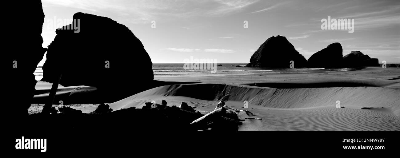 Formazioni rocciose sulla spiaggia in bianco e nero, Oceano Pacifico, Oregon, Stati Uniti Foto Stock