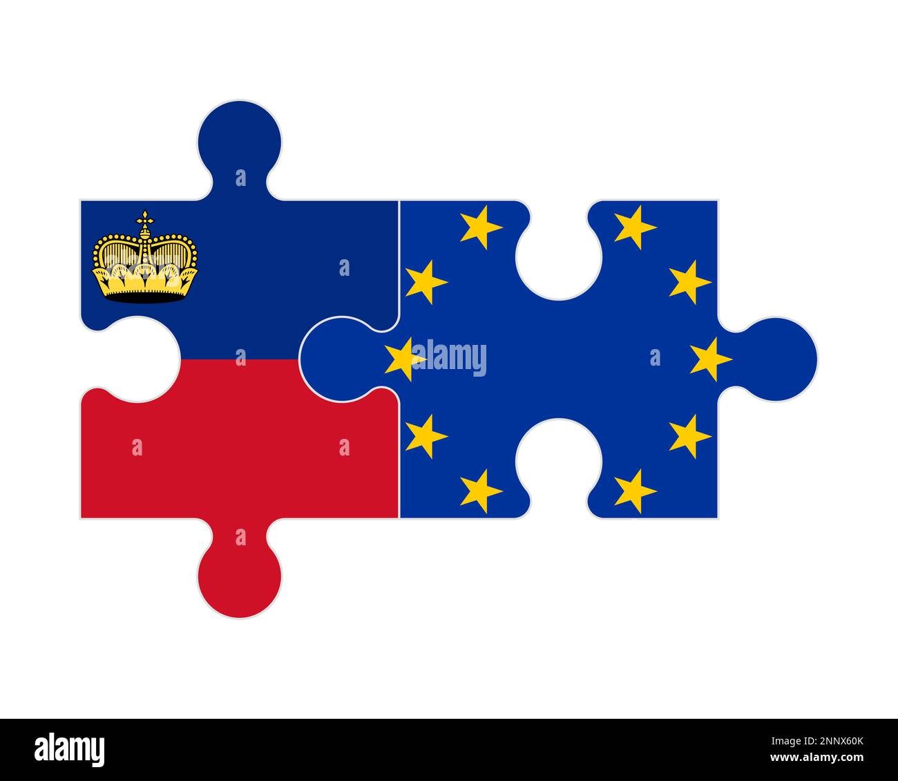 Puzzle connesso di bandiere del Liechtenstein e dell'Unione europea, vettore Illustrazione Vettoriale
