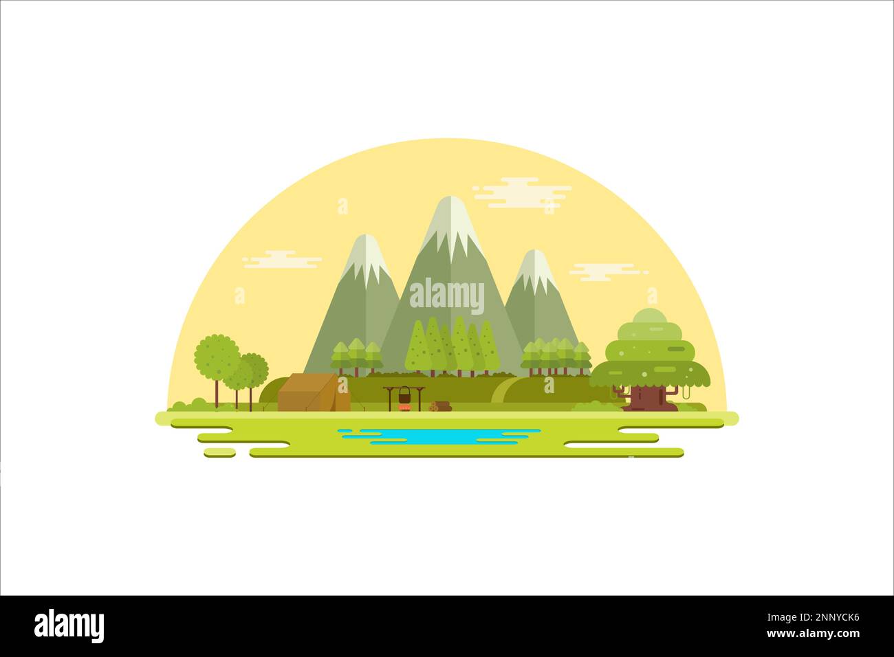 Illustrazione vettoriale del campeggio intorno alle colline ed ai laghi con un concetto di disegno piatto di stile Illustrazione Vettoriale