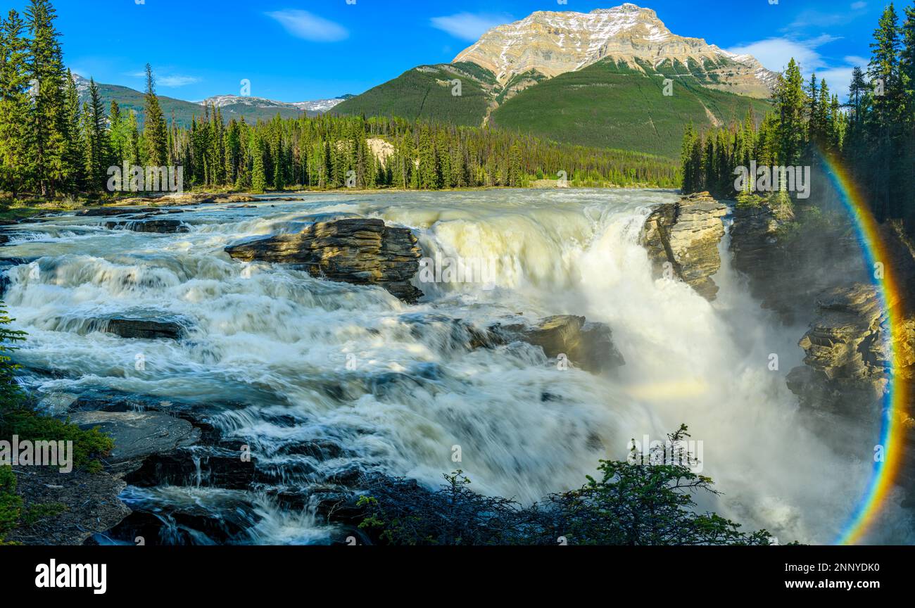 Fiume Athabasca e cascate Athabasca con arcobaleno, Jasper, Alberta, Canada Foto Stock