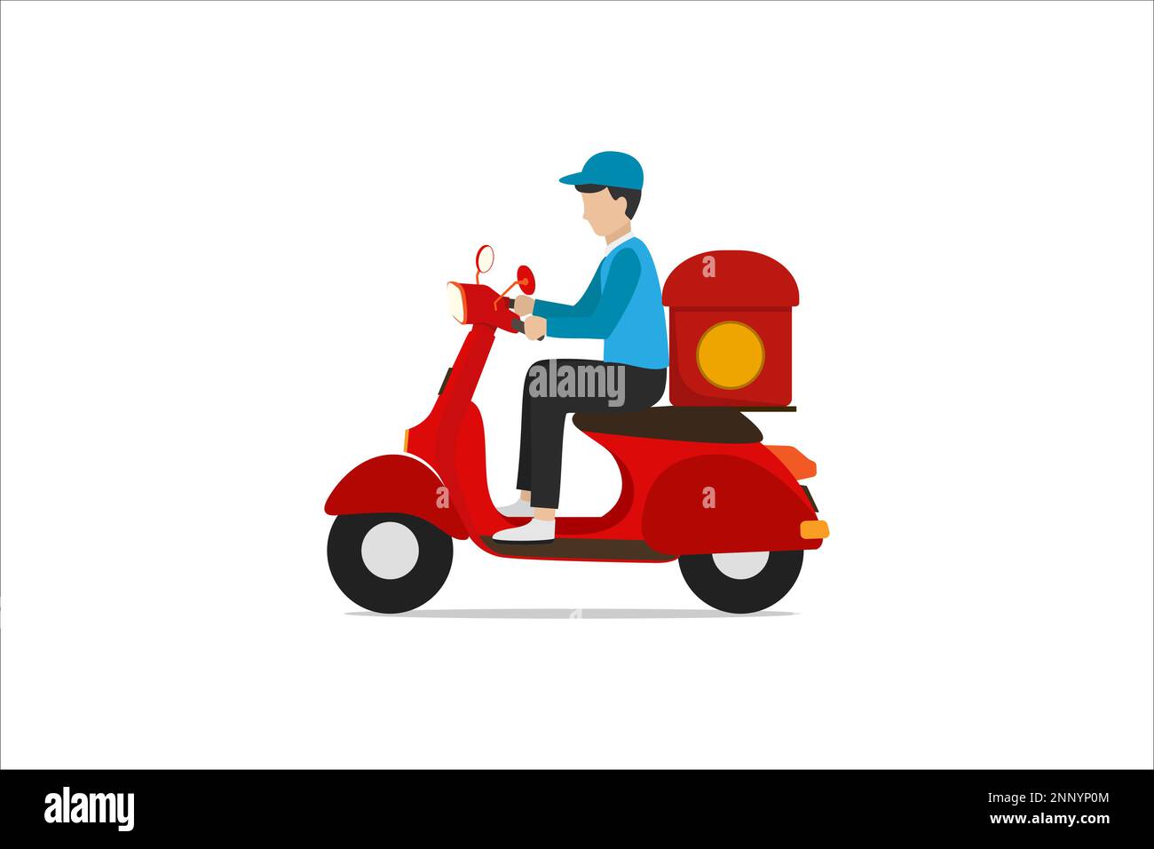 design piatto del servizio di consegna fast food tramite corriere con scooter isolato su sfondo bianco Illustrazione Vettoriale