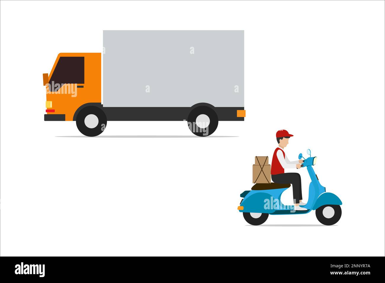 Progettazione vettoriale di un veicolo per la consegna di merci con box auto e moto isolato su sfondo bianco Illustrazione Vettoriale
