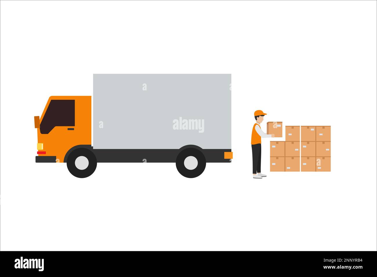 design piatto del corriere che carica le merci al camion per la consegna all'indirizzo di destinazione isolato su sfondo bianco Illustrazione Vettoriale