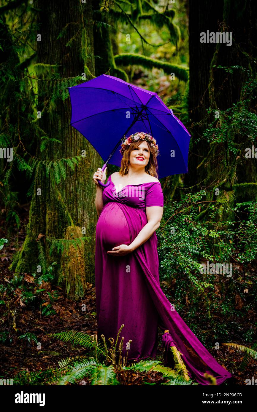 Donna incinta in vestito viola con ombrello viola nella foresta Foto Stock