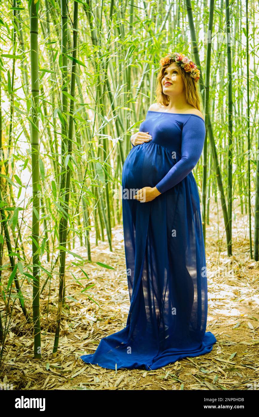 Donna incinta in una foresta di bambù Foto Stock