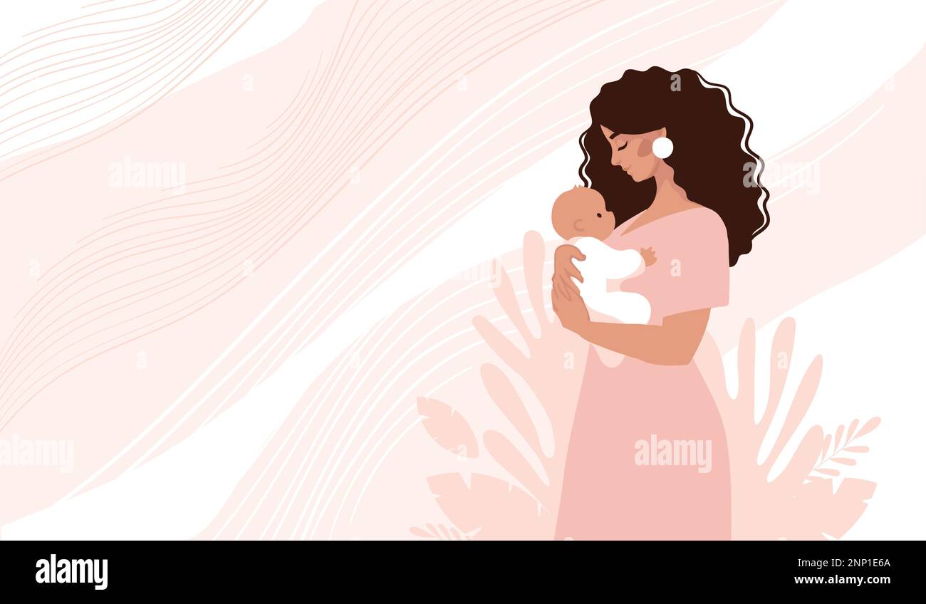 Bella donna moderna che abbraccia il bambino, concetto di gravidanza e maternità, illustrazione vettoriale per doula, ostetricia, medico. Landing page moderna in fl Illustrazione Vettoriale