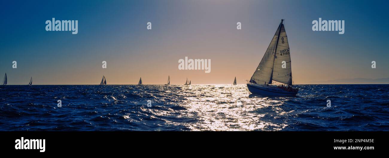 Barche a vela in mare al tramonto, California, USA Foto Stock