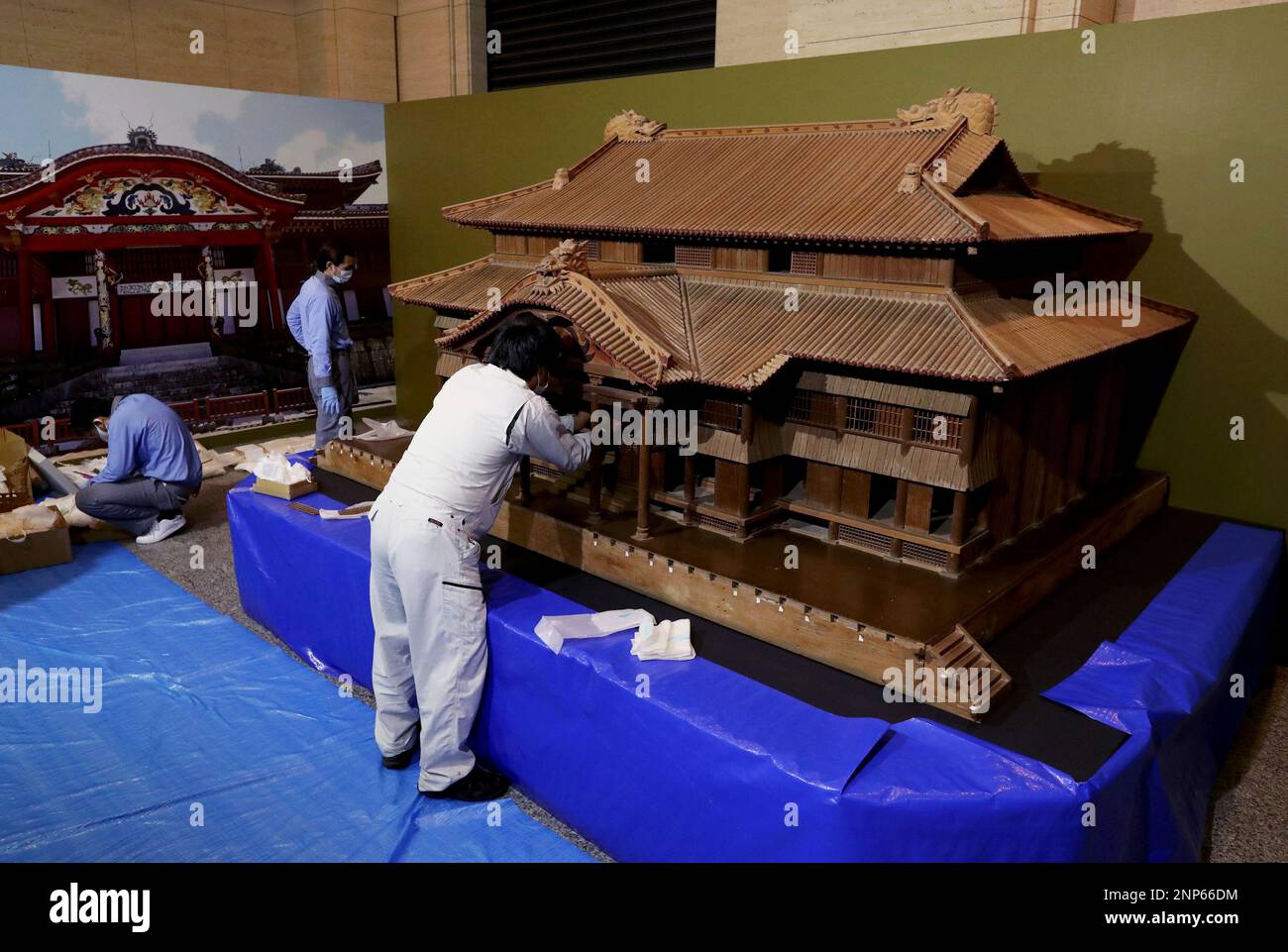 A model of Shuri Castle is brought into the Tokyo National Museum in