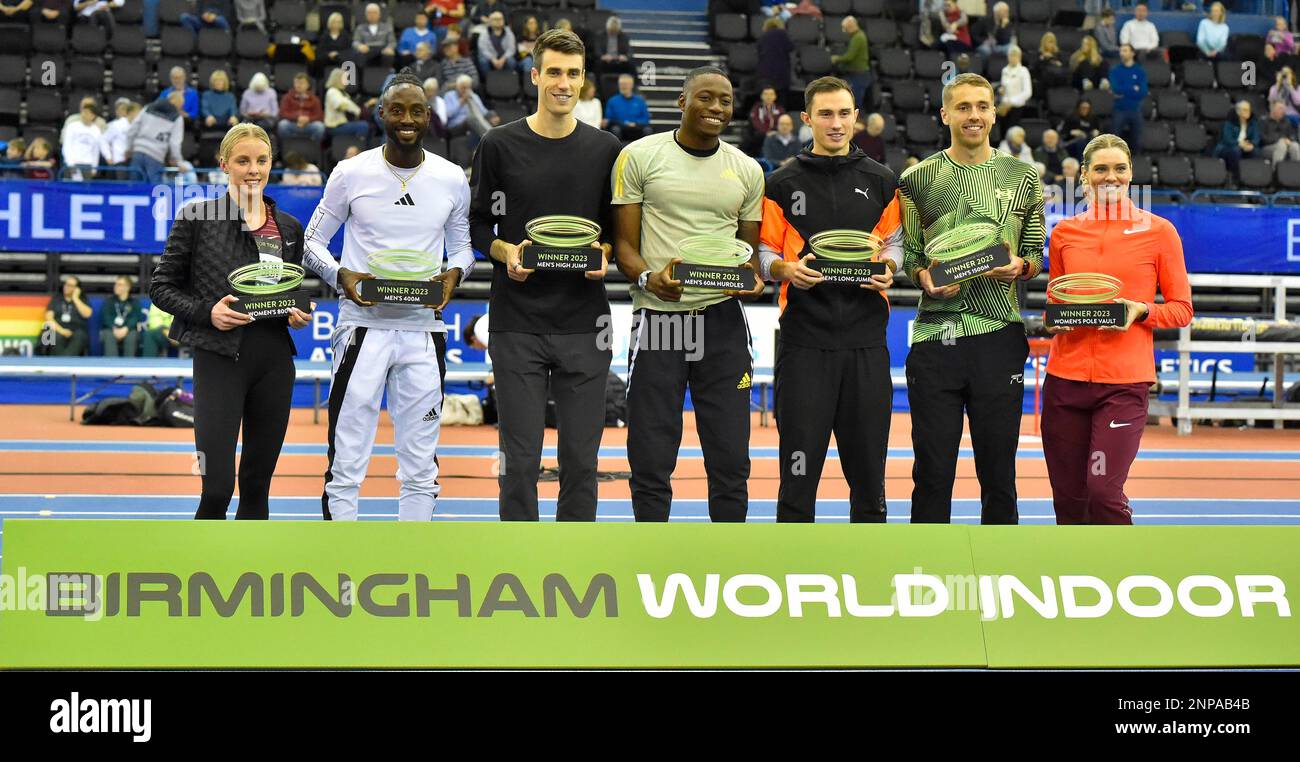 Birmingham, UK, 25 Febbraio 2023: Vincitori del World INDOOR TOUR 2023 Keely Hodgkinson (GBR) nelle Donne 800m, Jereem Richards (TTO) nella gara Mens 400 m, Hamish Kerr (NZL) The Mens High Jump, Grant Holloway degli Stati Uniti per le Mens 60 Hurdles , Thobias Montler (SWE)Mens Long Jump, Neil Gourley (GBR) in the Mens 1500mm , Alysha Newman (CAN) WOMENS Pole Vault Birmingham World Indoor Gold Tour finale Utilita Arena, Birmingham il 25 febbraio, Inghilterra Foto Stock