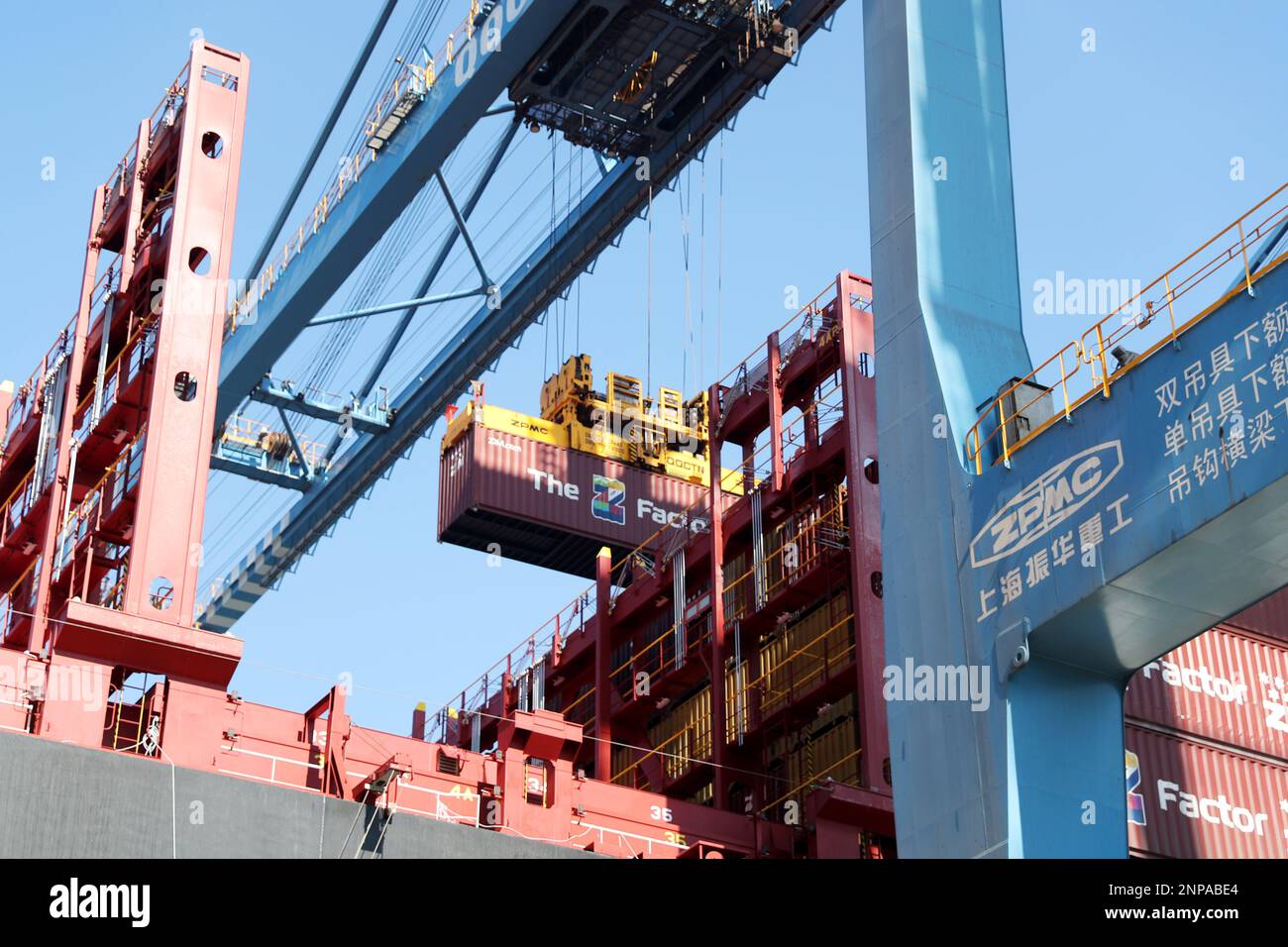 QINGDAO, CINA - 26 FEBBRAIO 2023 - la nave container a doppia potenza ZIM SAMMY OFER carica il carico al terminal completamente automatizzato di Qingdao Port, E. Foto Stock