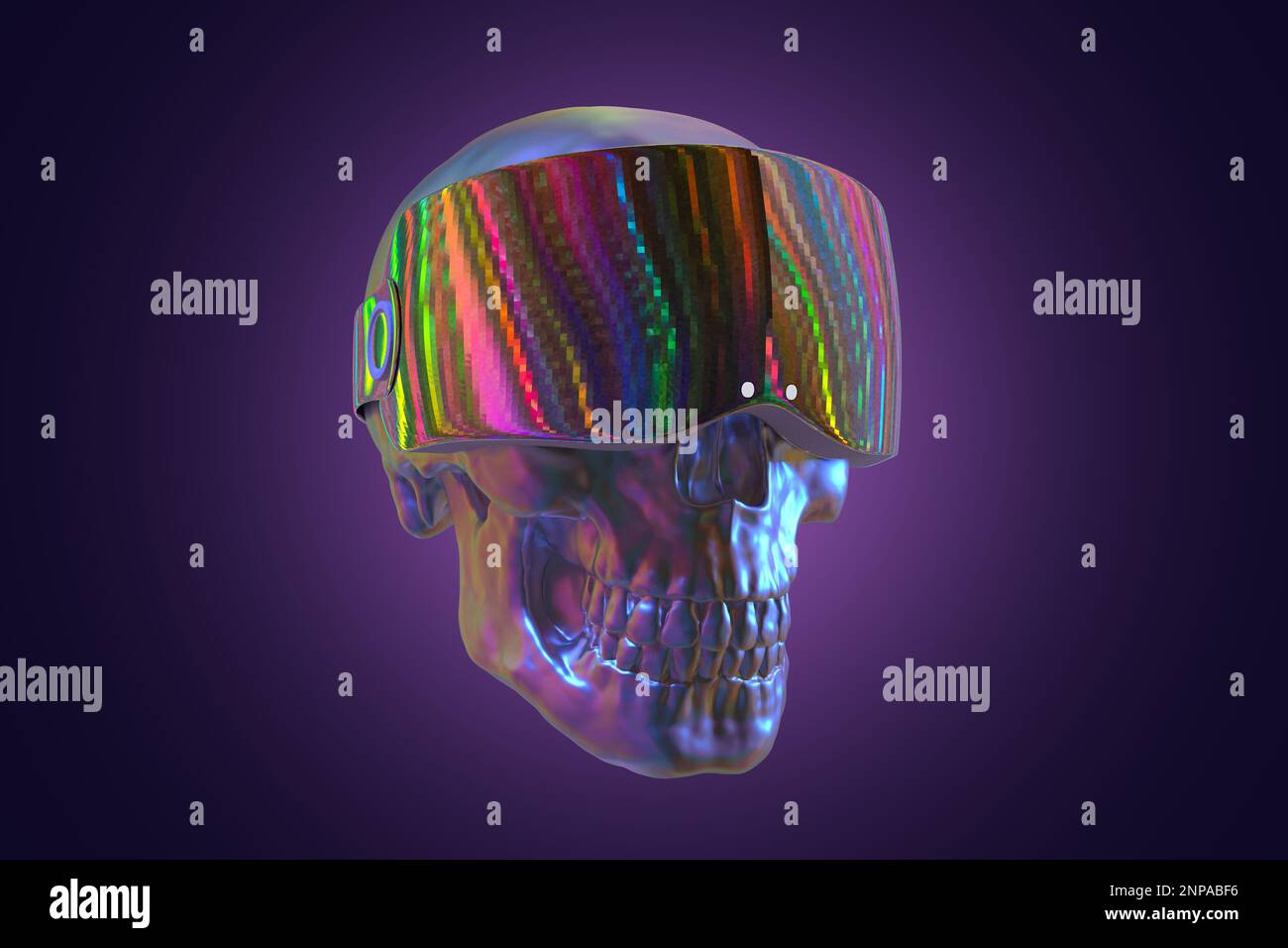 Cranio cyberpunk - 3D immagine di un cranio fantascientico che indossa occhiali per realtà virtuale. Rendering Foto Stock