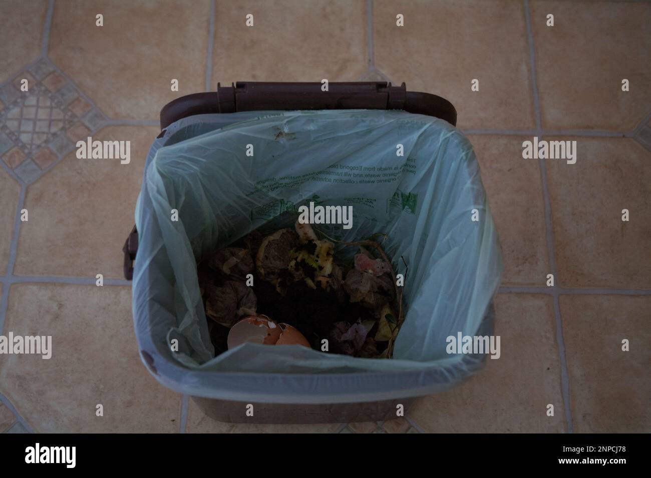 Primo piano di bidone marrone contenente alimenti riciclati in sacchetti biodegradabili raccolti e resi in compost dall'autorità locale Foto Stock