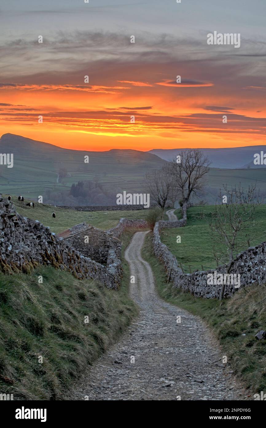 Tramonto sulla corsia di Goat Scarcar sopra Stainforth a Ribblesdale. Foto Stock