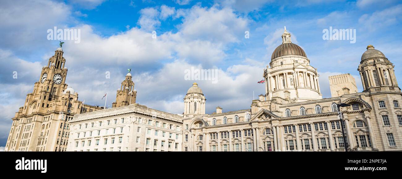 Le tre grazie famose in tutto il mondo sono costituite dal Royal Liver Building con il Cunard Building e il Port of Liverpool Building. Foto Stock