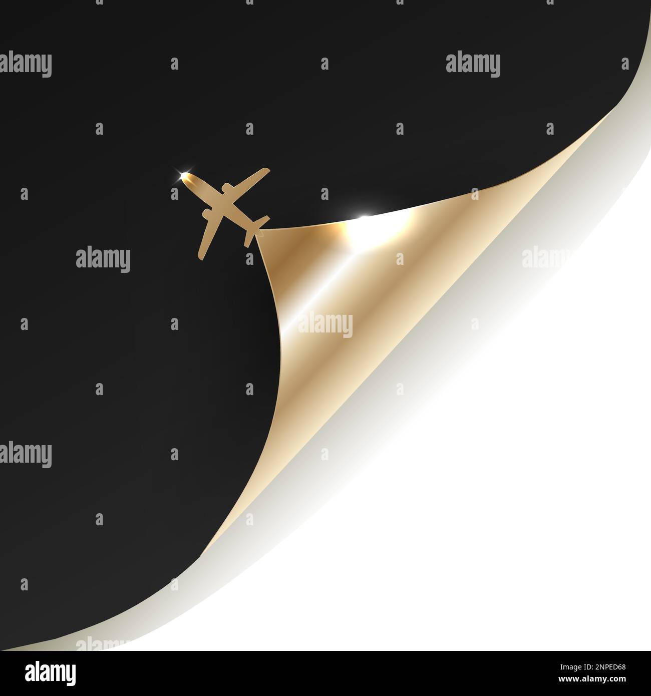 Disegno vettoriale di rotazione della pagina di aeroplano in carta nera e oro. Angolo di arricciamento dell'aeroplano della carta del concetto di annuncio della carta. Illustrazione Vettoriale