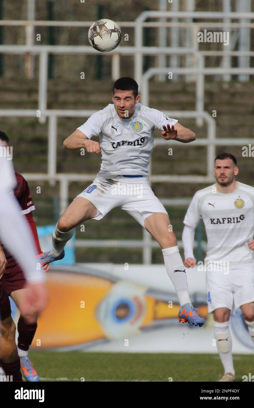 Leon Heynke dal 1. FC Lokomotive Leipzig in azione durante la partita tra BFC Dynamo vs. 1. FC Lokomotor Leipzig, Regionalliga Nordost (Lega Regionale Nord Est), turno 22, Sportforum Hohenschönhausen, Berlino, Germania, 26 febbraio, 2023. Iñaki Esnaola Foto Stock