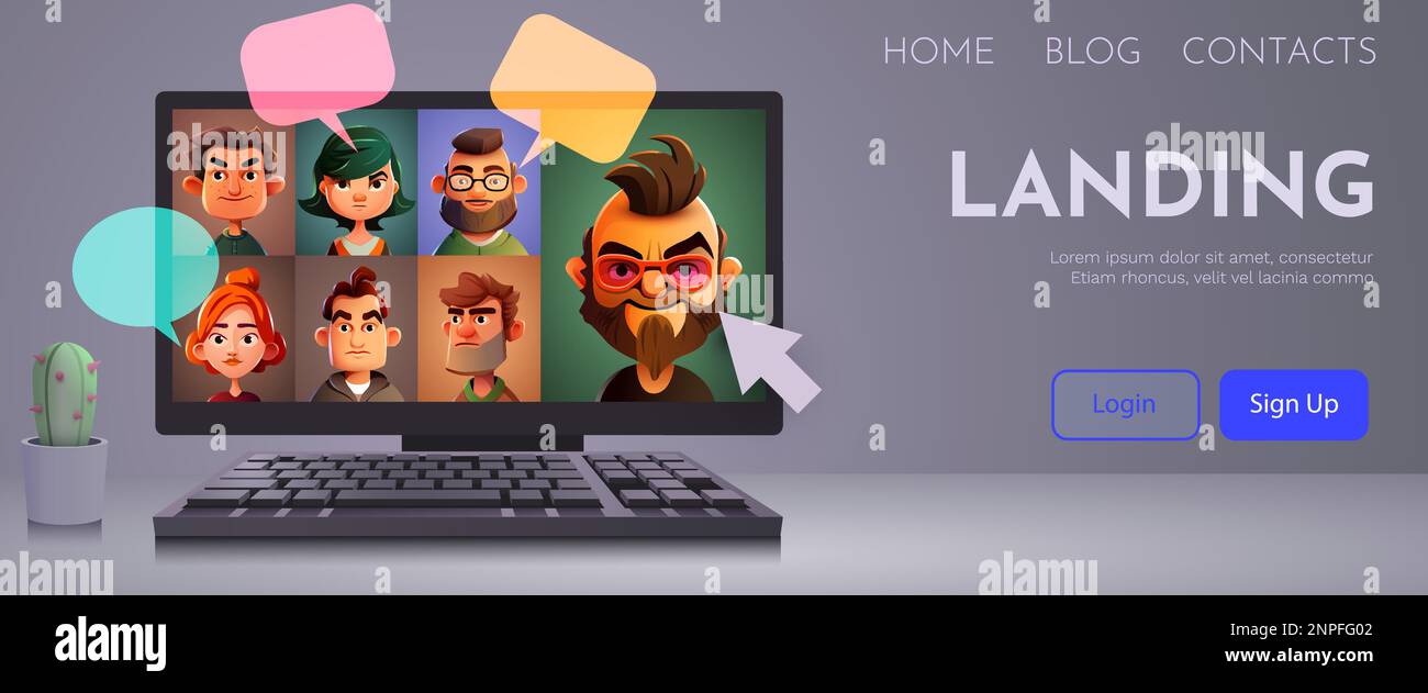 Formazione online, videoconferenza e concetto di formazione remota. Computer con videochiamata. Pagina di destinazione Illustrazione Vettoriale