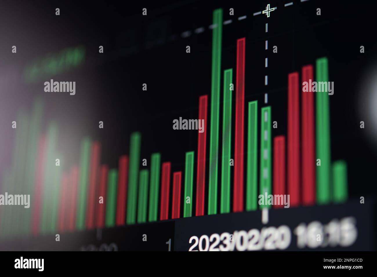 Primo piano della visualizzazione del grafico del volume commerciale. Mercato azionario Trading tema. Foto Stock