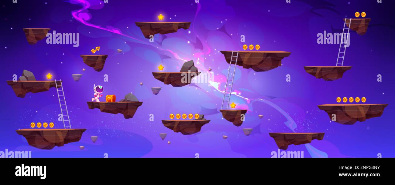 Volo isole di roccia vettore gioco spazio sfondo paesaggio. Cartoon Planet in galassia per videogiochi arcade. mappa a livello di interfaccia utente 2d con piattaforma mobile con Illustrazione Vettoriale