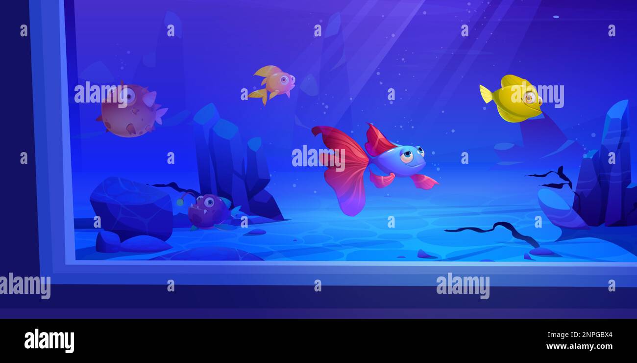 Illustrazione subacquea marina con pesci in acquario cartoon sfondo gioco. Profondo sotto mare scenario di fauna nautica con bollicine. Pesce carino Illustrazione Vettoriale