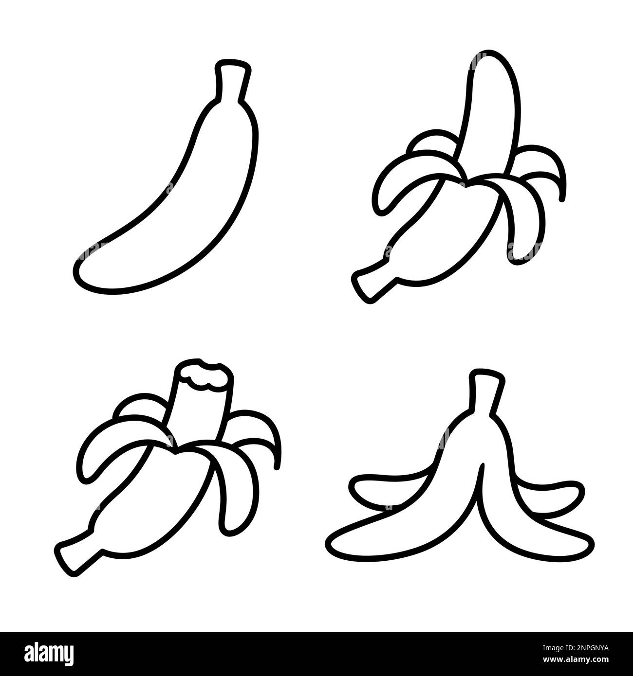 Doodle banana icone linea nera e bianca: Intero, sbucciato, morso e buccia vuota. Disegno semplice, illustrazione di clip vettoriali. Illustrazione Vettoriale