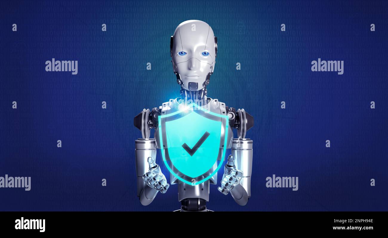 robot intelligente con rendering 3d che mostra l'icona dello scudo di protezione virtuale, tenendo con le mani il lucchetto digitale e il codice binario su sfondo blu. Ai robotica, CY Foto Stock