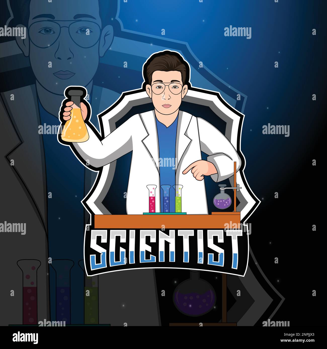 Logo scienziato mascotte modello vettoriale con stile di concetto di illustrazione moderna per la stampa di badge, emblema e t-shirt. Illustrazione dello scienziato per lo sport An Illustrazione Vettoriale