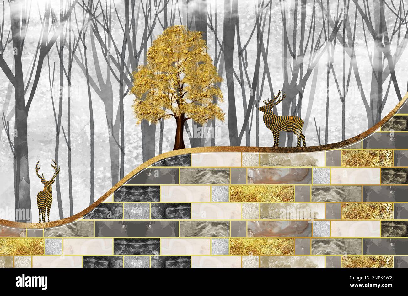 3d sfondo murale. mattoni dorati, grigi e neri. albero d'oro e cervi su sfondo floreale chiaro Foto Stock
