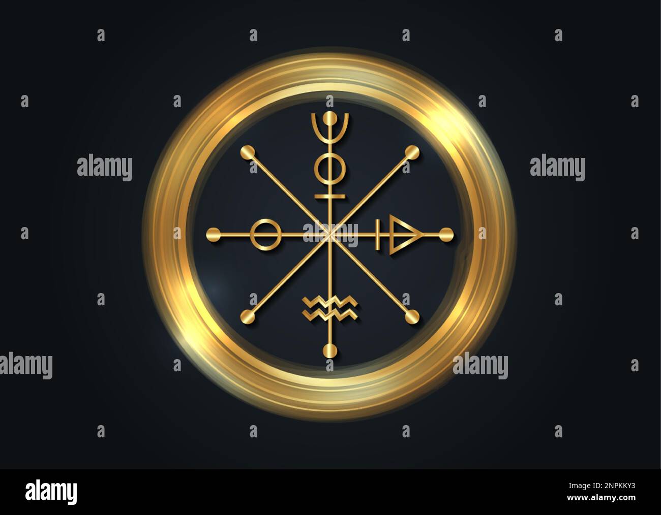 La ruota di Fotune tarocco simbolo, oro segno antico mondiale, il ciclo di vita, magico talismano strega fascino fortunato, cerchio d'oro geometria sacra Illustrazione Vettoriale