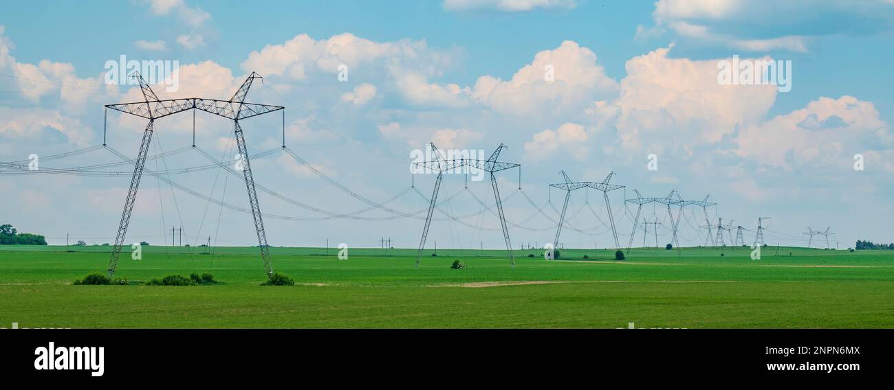 Testata con linee elettriche sul campo verde di campagna con cielo blu Foto Stock