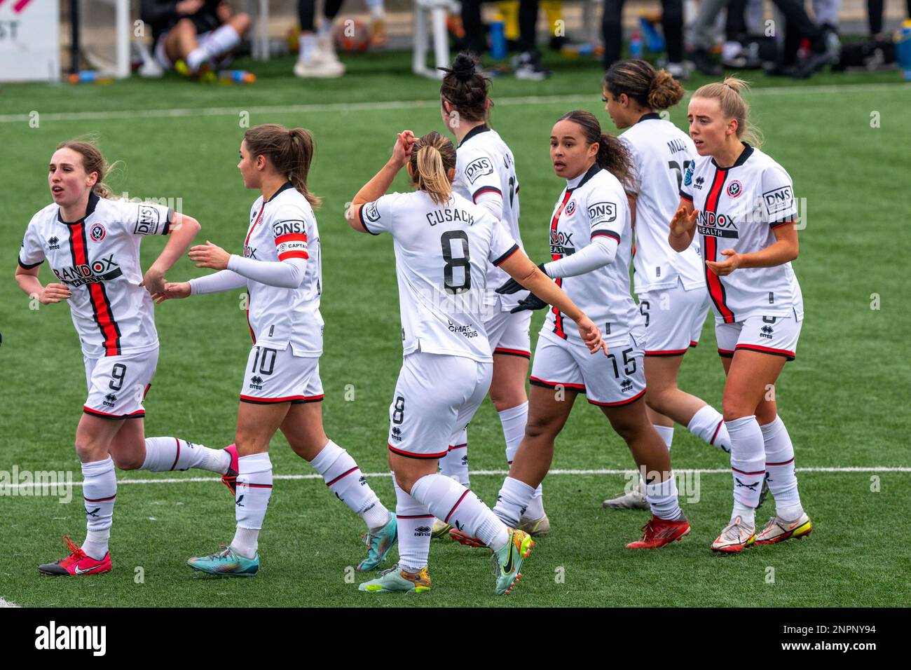 Hayes Lane, Bromley, Regno Unito. 26th Feb, 2023. GOAL 1-1 i giocatori di Sheffield United celebrano il loro equalizzatore durante la partita del Barclays fa Womens Championship tra Crystal Palace e Sheffield United a Hayes Lane, Bromley, Inghilterra. (Stephen Flynn/SPP) Credit: SPP Sport Press Photo. /Alamy Live News Foto Stock