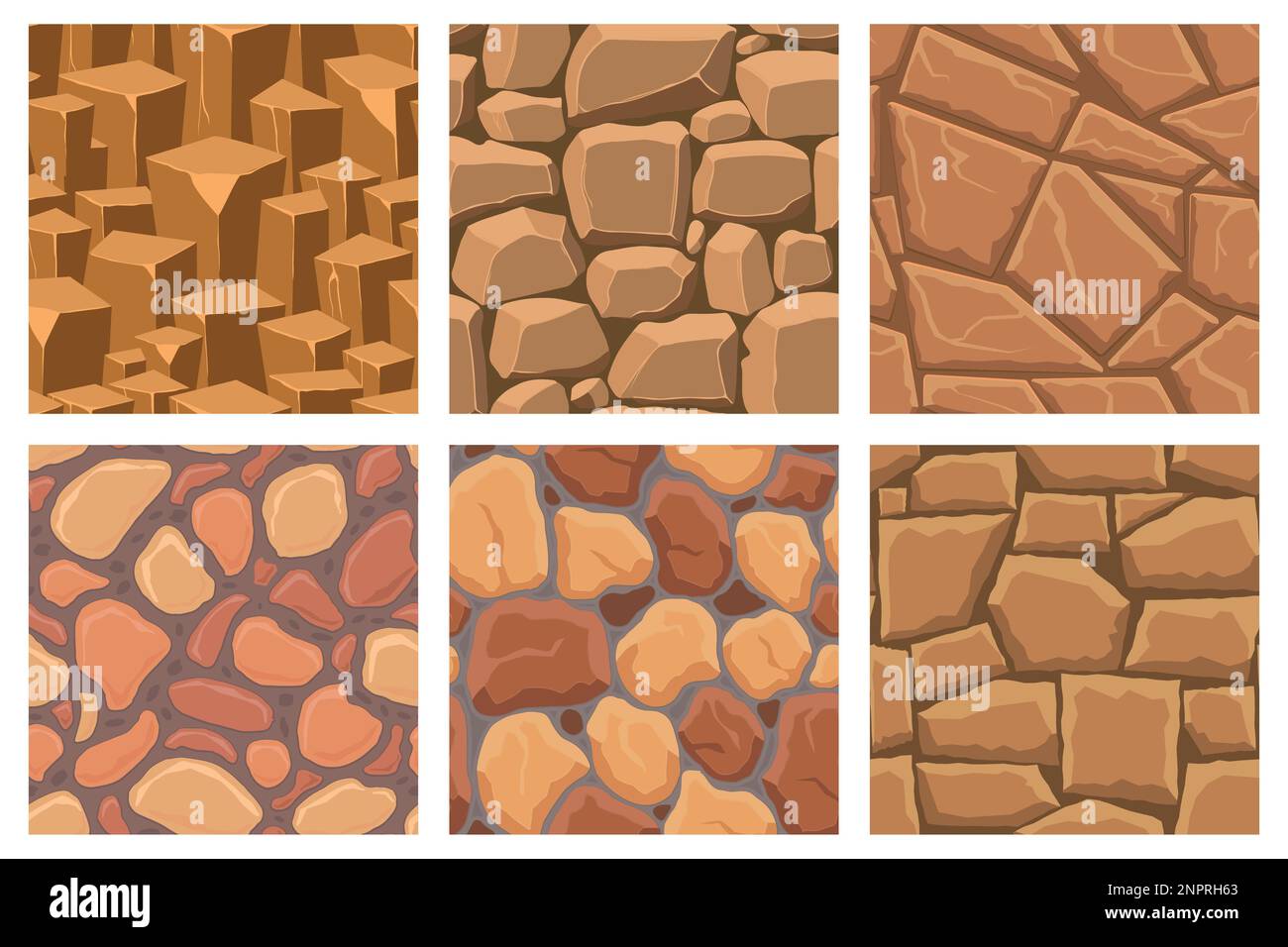 Texture di gioco di cartoni animati, rocce, sporco e motivi senza cuciture di superficie. Risorse di gioco pareti e sfondi di ambiente. Illustrazione Vettoriale