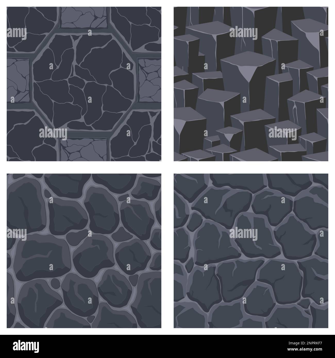 Texture di gioco di cartoni animati, rocce, sporco e motivi senza cuciture di superficie. Risorse di gioco pareti e sfondi di ambiente. Illustrazione Vettoriale