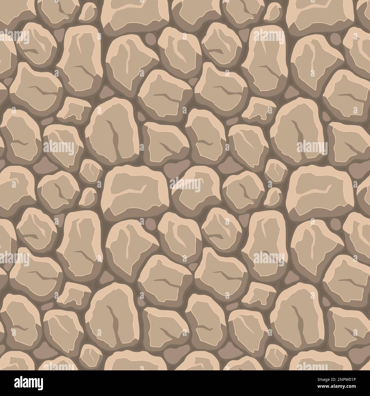 Trama di gioco cartoon, rocce, sporco e superficie del terreno modello senza cuciture. Parete delle risorse di gioco e sfondo dell'ambiente. Illustrazione Vettoriale