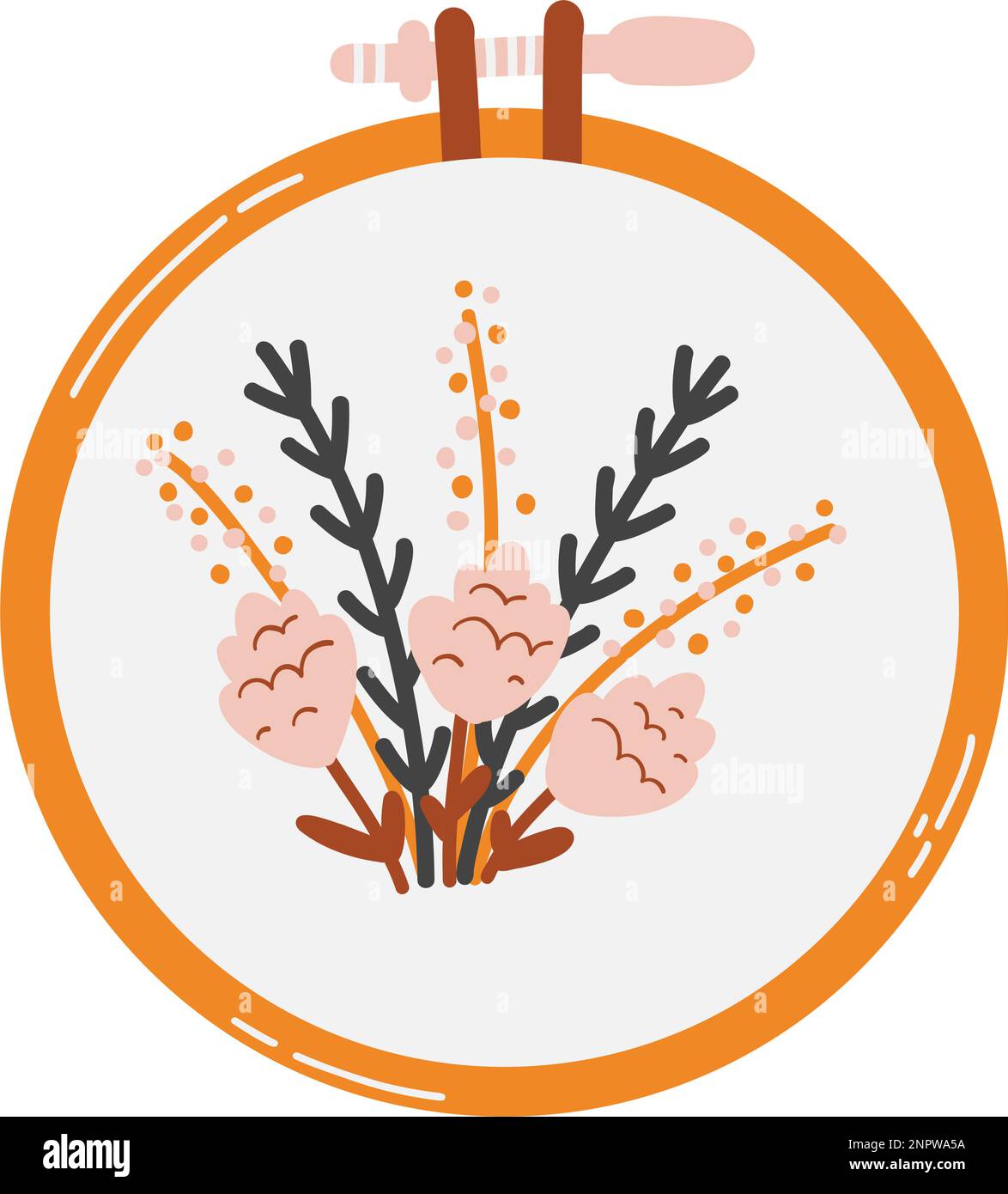 Cerchio ricamato in stile cartoon piatto. Illustrazione vettoriale disegnata a mano di hobby, agugliatura, satin e punto trasversale, motivi vegetali. Illustrazione Vettoriale