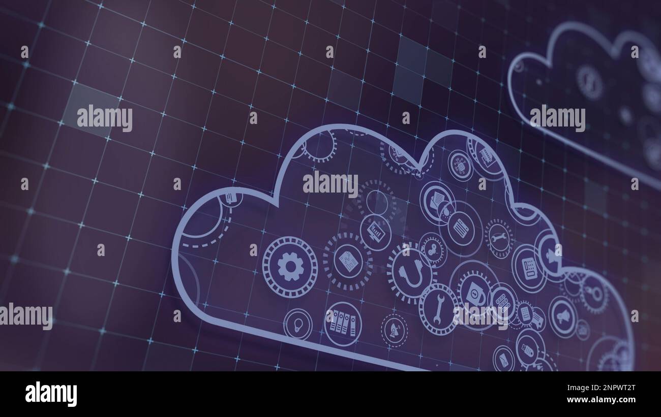 Rendering 3D il concetto di tecnologie cloud e di elaborazione dei dati dei server. Le icone astratte dei servizi inviano informazioni a bigdata e data center. Badge Foto Stock