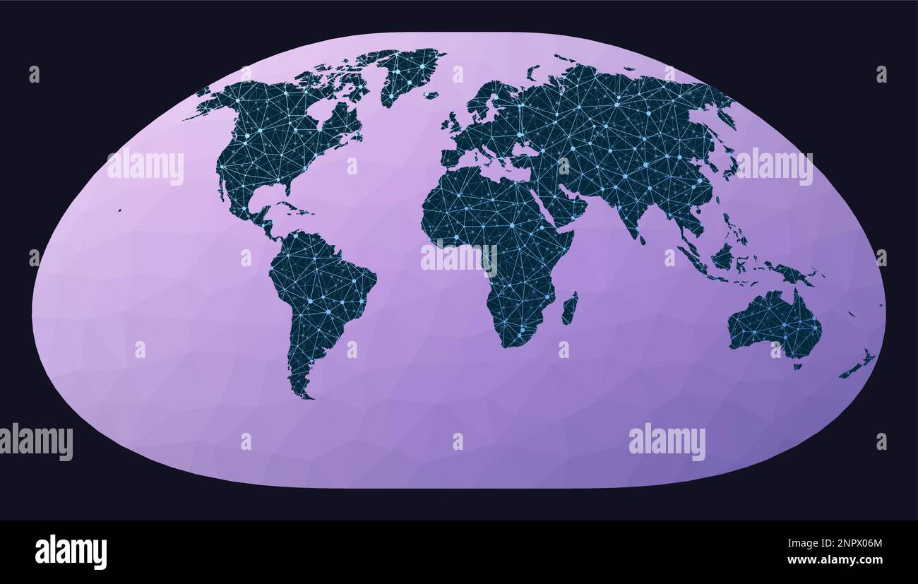 Rete globale. Proiezione Loximuthal. Mappa della rete mondiale. Globo cablato in proiezione Loximuthal su sfondo geometrico a basso contenuto di poli. Illustrazione Vettoriale