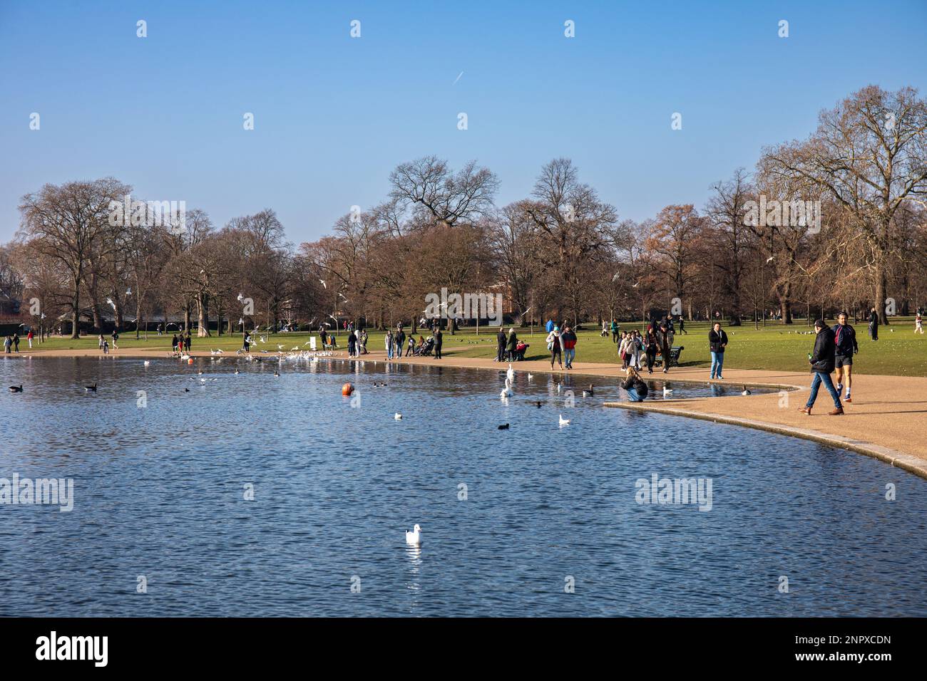 Persone che hanno una passeggiata intorno al Round Pond in una giornata di sole febbraio a Kensington Gardens di Londra, Inghilterra Foto Stock