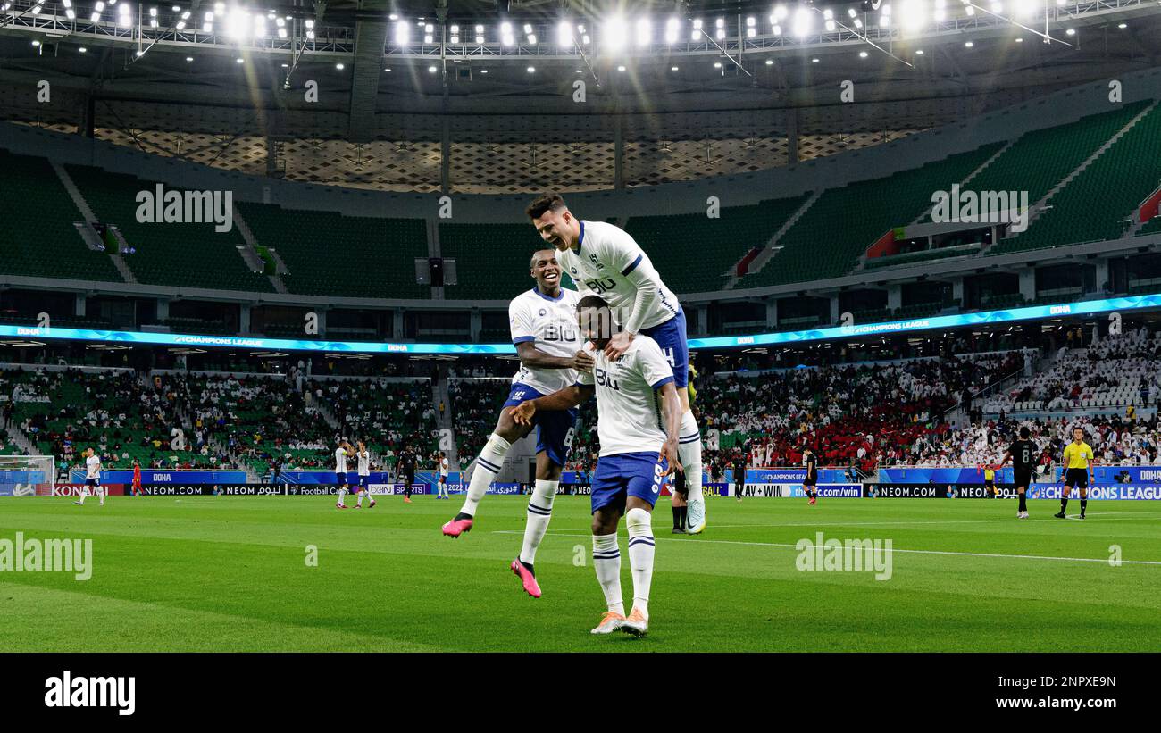 Doha, Qatar. 26th Feb, 2023. Al-Hilal SFC (KSA) l'eroe a quattro gol Odion Ighalo festeggia dopo aver segnato contro al-Duhail SC (QAT) durante la loro partita di semifinale AFC Champions League 2022 presso l'al Thumama Stadium il 26 febbraio 2023 a Doha, Qatar. Foto di Victor Fraile / Power Sport Images Credit: Power Sport Images Ltd/Alamy Live News Foto Stock