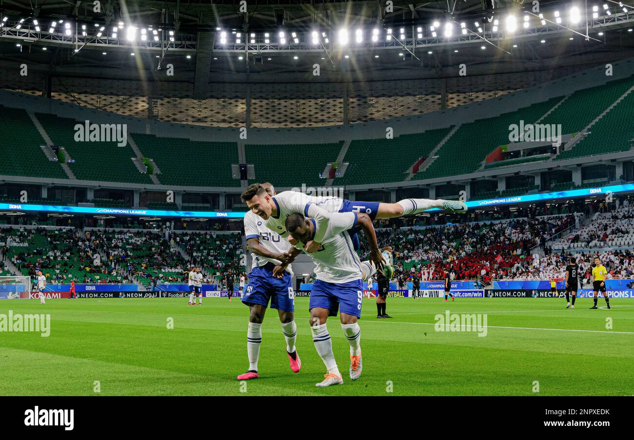 Doha, Qatar. 26th Feb, 2023. Al-Hilal SFC (KSA) l'eroe a quattro gol Odion Ighalo festeggia dopo aver segnato contro al-Duhail SC (QAT) durante la loro partita di semifinale AFC Champions League 2022 presso l'al Thumama Stadium il 26 febbraio 2023 a Doha, Qatar. Foto di Victor Fraile / Power Sport Images Credit: Power Sport Images Ltd/Alamy Live News Foto Stock