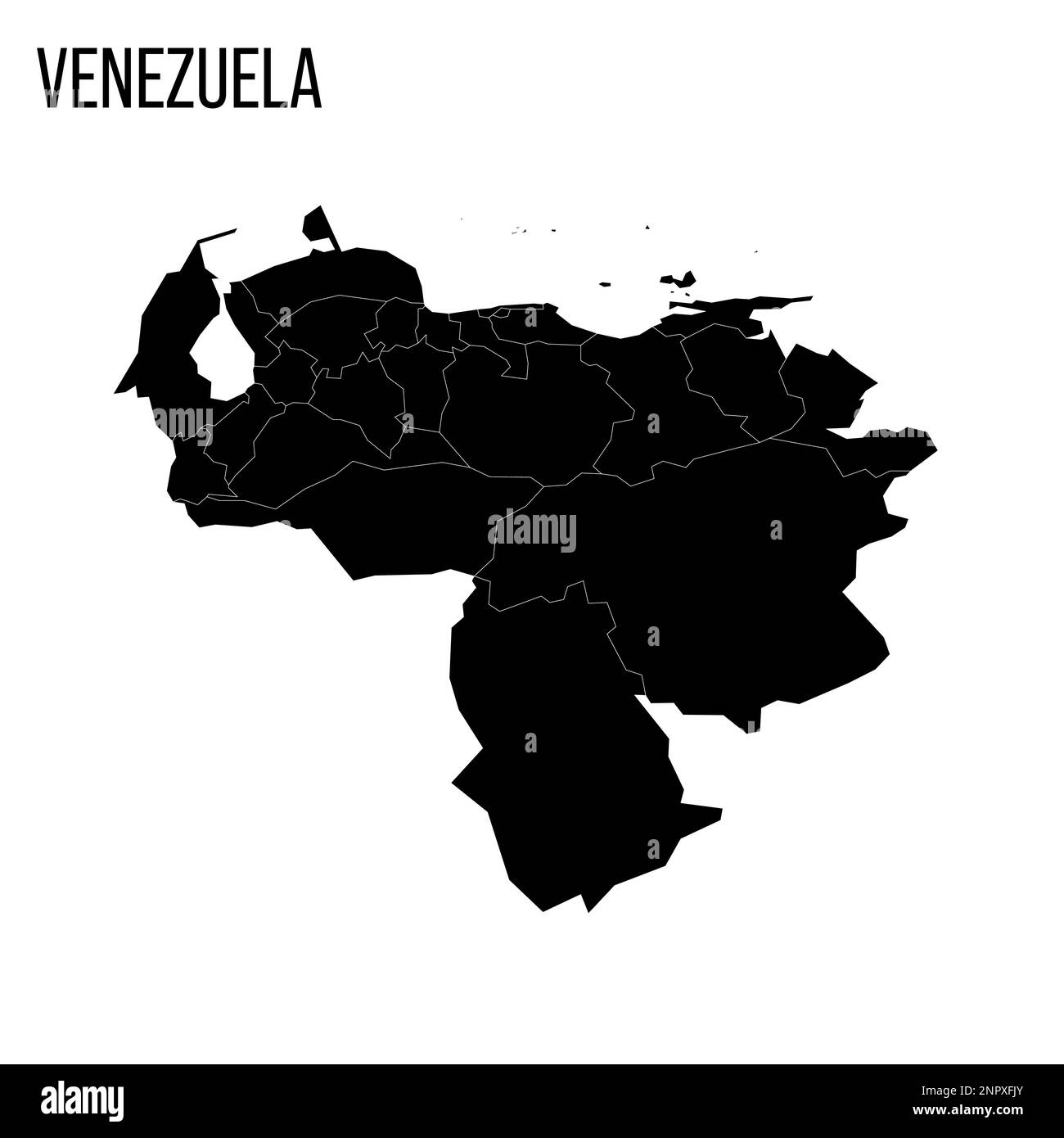 Venezuela mappa politica delle divisioni amministrative - stati, distretto della capitale e dipendenze federali. Mappa nera vuota e nome del paese. Illustrazione Vettoriale