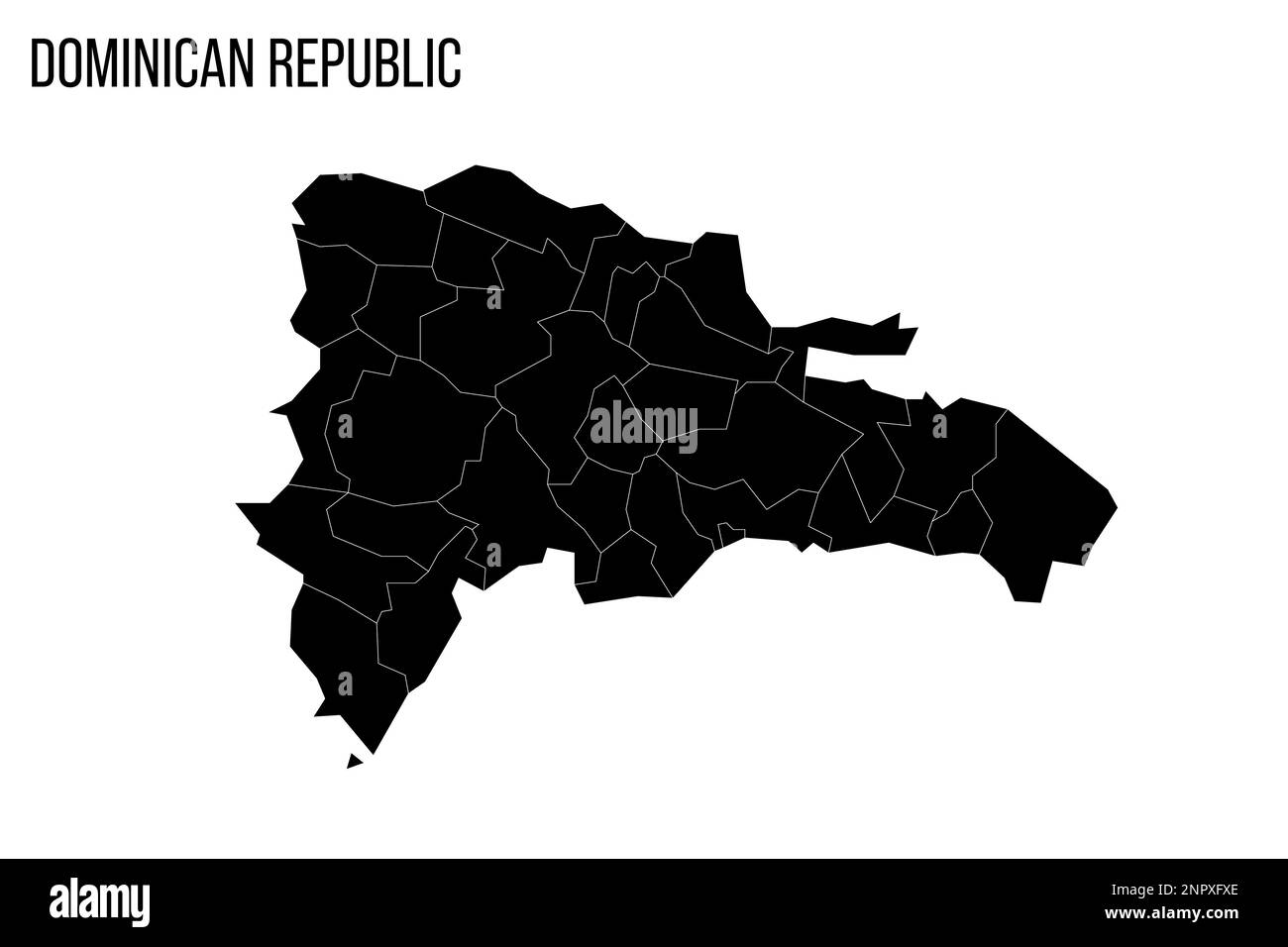 Repubblica Dominicana carta politica delle divisioni amministrative - province e distretto nazionale. Mappa nera vuota e nome del paese. Illustrazione Vettoriale