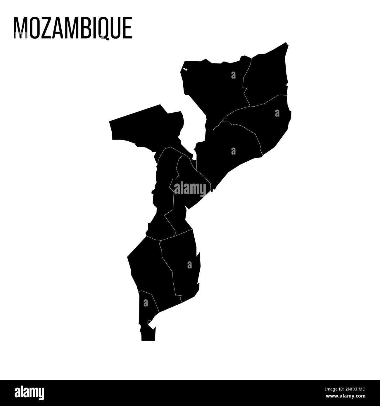 Mozambico mappa politica delle divisioni amministrative - province e capitale di Maputo. Mappa nera vuota e nome del paese. Illustrazione Vettoriale