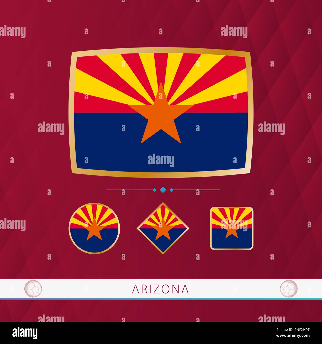 Set di bandiere Arizona con cornice d'oro per l'uso in eventi sportivi su uno sfondo astratto borgogna. Raccolta di flag vettoriali. Illustrazione Vettoriale