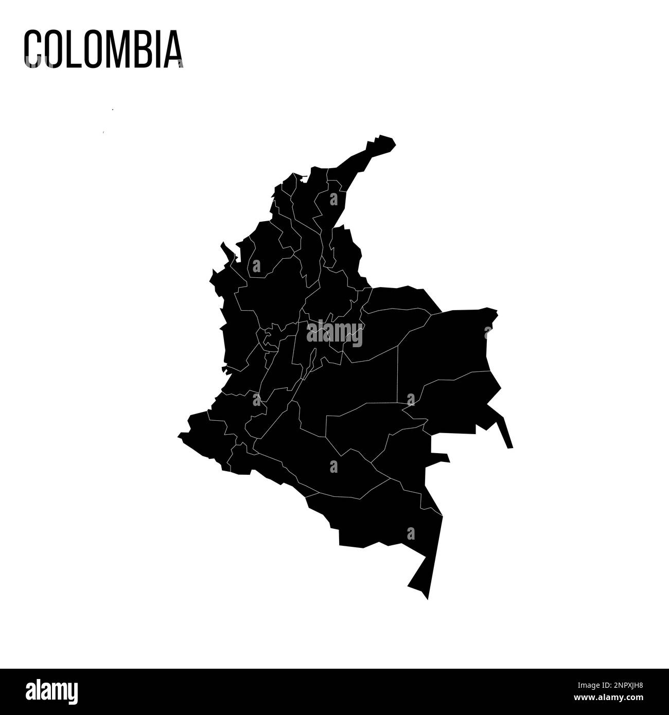 Colombia mappa politica delle divisioni amministrative - dipartimenti e distretto della capitale. Mappa nera vuota e nome del paese. Illustrazione Vettoriale