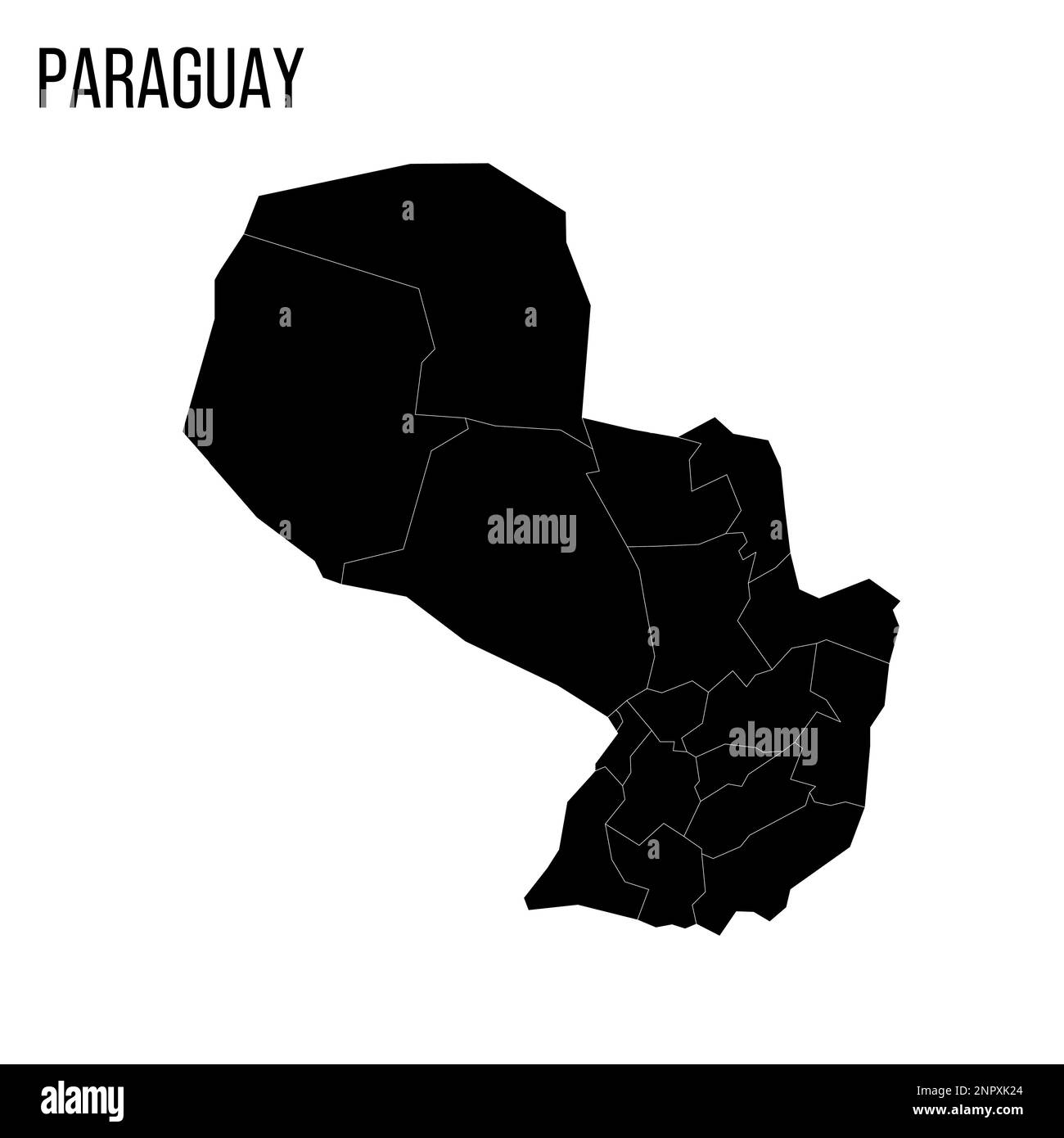 Mappa politica del Paraguay delle divisioni amministrative - dipartimenti e distretto della capitale. Mappa nera vuota e nome del paese. Illustrazione Vettoriale